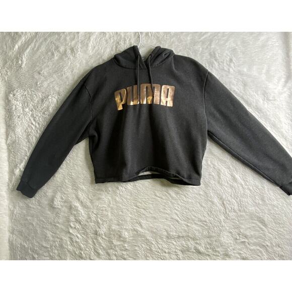 Puma Hoodie M Crop Gray Graphic Logo Long Sleeve Pull Over Drawstring Workout - Picture 1 of 10